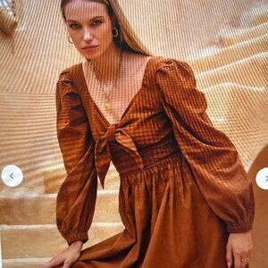 BALILN Sz XL Narcisa Puff Sleeve Linen Dress in Cinnamon